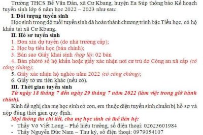 THÔNG BÁO TUYỂN SINH VÀO LỚP 6 NĂM HỌC 2022 – 2023